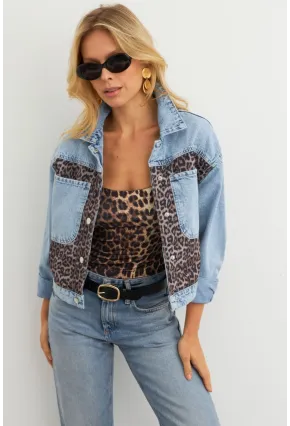 Kadın Açık-Mavi Bloklu Leopar Denim Ceket KAM300
