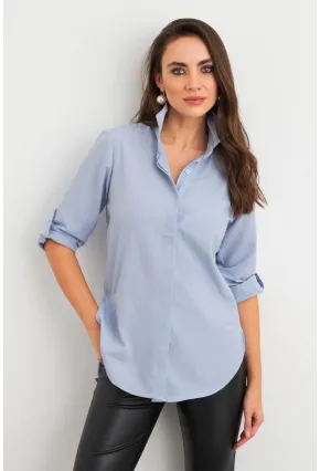 Kadın Açık-Mavi Gizli Düğmeli Uzun Gömlek SF2001