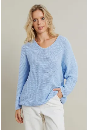Kadın Açık-Mavi V Yaka Salaş Triko Bluz SMT158