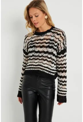 Kadın Ajurlu Triko Bluz Beyaz-Siyah YZ619