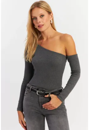 Kadın Antrasit Asimetrik Kollu Kaşkorse Bluz HOR1