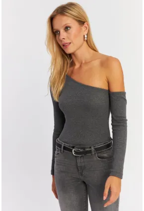 Kadın Antrasit Asimetrik Kollu Kaşkorse Bluz HOR1