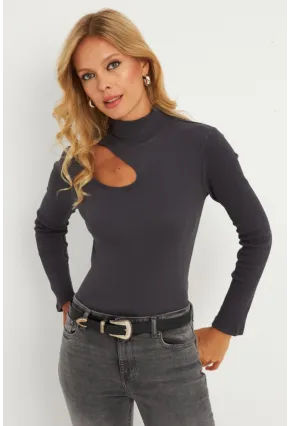 Kadın Antrasit Çapraz Yaka Yarım Balıkçı Bluz B1404