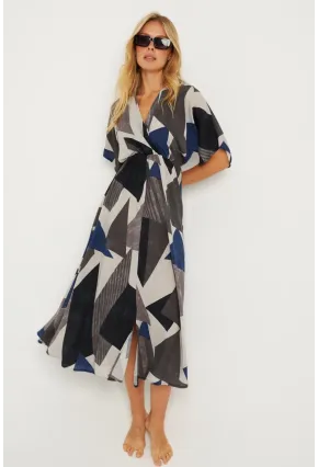 Kadın Antrasit Desenli Kruvaze Midi Elbise HT108