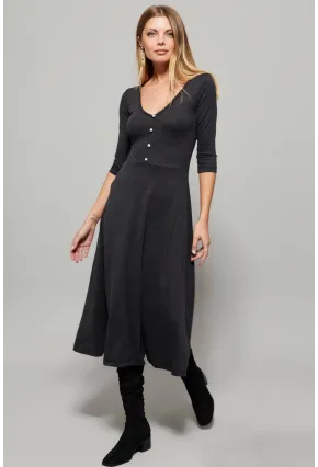 Kadın Antrasit Düğme Aksesuarlı V Yaka Elbise EY1123