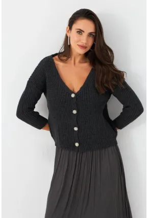 Kadın Antrasit Düğme Detaylı Hırka KAZ30