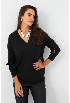Kadın Antrasit Düğme Detaylı V Yaka Bluz EY2982