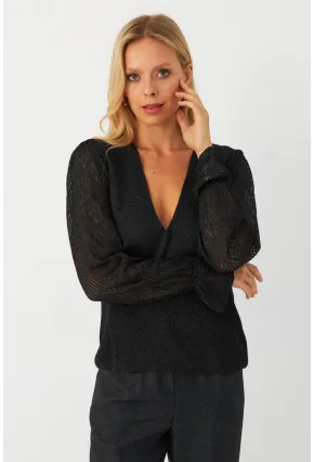 Kadın Antrasit Kol Detaylı Metalik Bluz AYD391
