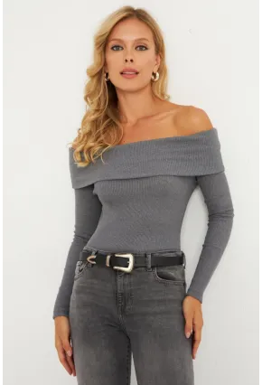 Kadın Antrasit Madonna Yaka Kaşkorse Bluz XL2210