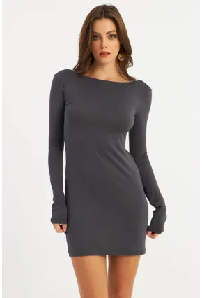 Kadın Antrasit Sırt Dekolteli Mini Elbise HOR36