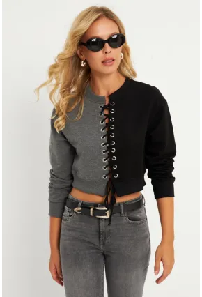 Kadın Antrasit-Siyah Kuşgözlü Kısa Sweatshirt TF02