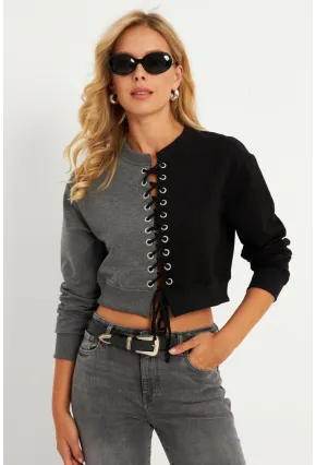 Kadın Antrasit-Siyah Kuşgözlü Kısa Sweatshirt TF02