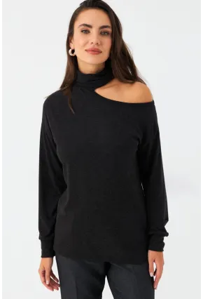 Kadın Antrasit Tek Omuz Açık Balıkçı Bluz EY2981