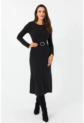 Kadın Antrasit Tokalı Midi Elbise EY2984