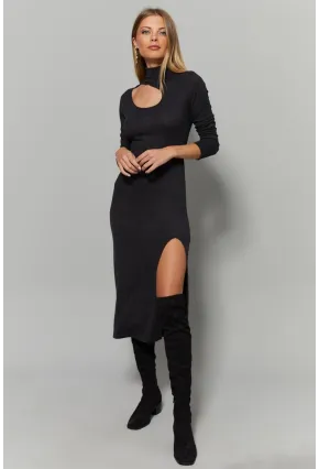 Kadın Antrasit Yaka Pencereli Yırtmaçlı Elbise Yİ1984