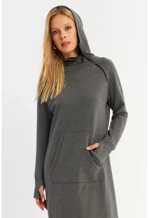 Kadın Antrasit Yakası Fermuarlı Maxi Sweat Elbise MTF12