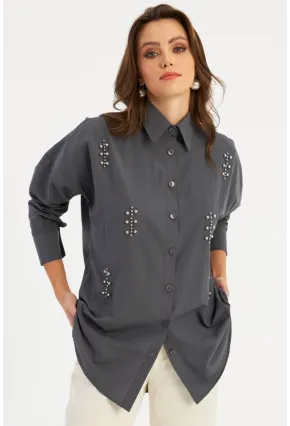 Kadın Antrasit Zımbalı Gömlek MASF1