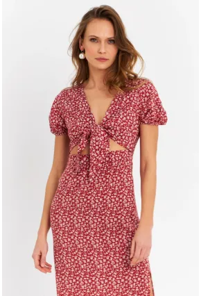 Kadın Badem Düğümlü Pencereli Midi Elbise Q1002