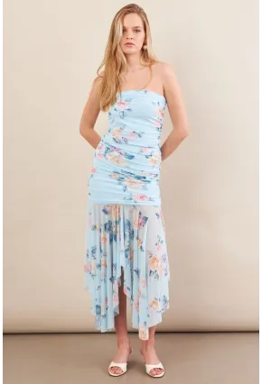 Kadın Bebe Mavi Drapeli Straplez Midi Tül Elbise ERL101