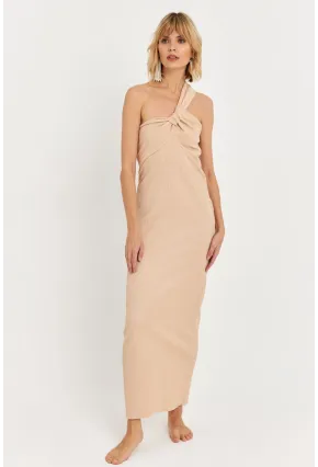Kadın Bej Asimetrik Yaka Maxi Elbise NH25455
