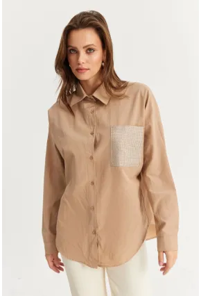 Kadın Bej Cepli Taşlı Gömlek ZER414
