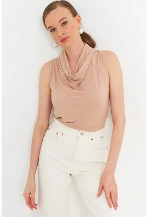 Kadın Bej Sırt Pencereli Desenli Bluz LPP1021