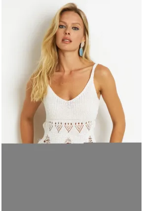 Kadın Beyaz Ajurlu Triko Bluz KAZ08