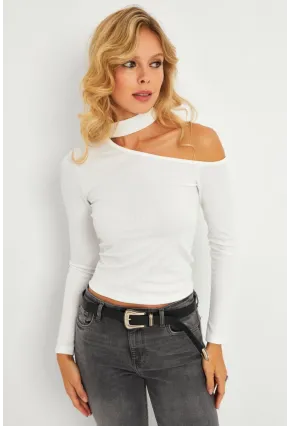 Kadın Beyaz Asimetrik Yaka Bluz CG376