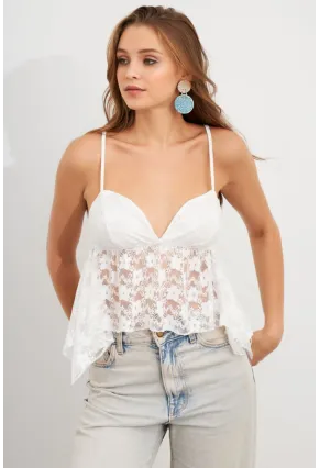 Kadın Beyaz Askılı Dantel Crop Bluz MTK13458