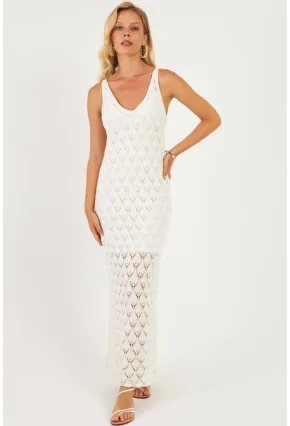 Kadın Beyaz Astarlı Triko Maxi Elbise KZ3211