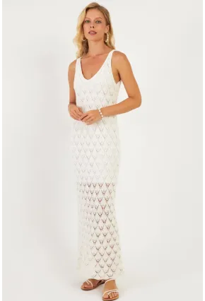 Kadın Beyaz Astarlı Triko Maxi Elbise KZ3211