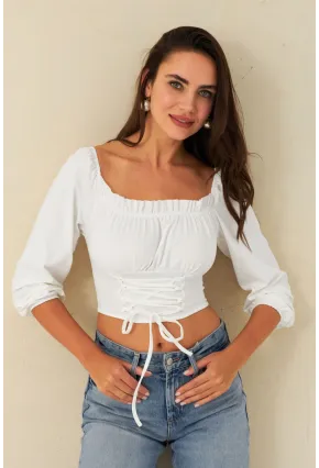 Kadın Beyaz Bağlama Detaylı Crop Bluz CG387