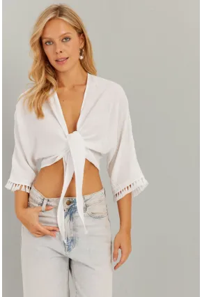 Kadın Beyaz Bağlamalı Bluz KS034