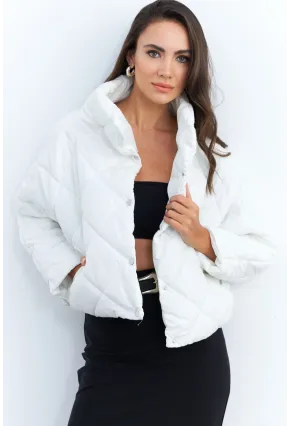 Kadın Beyaz Beli Lastikli Yarasa Kol Şişme Mont MX11