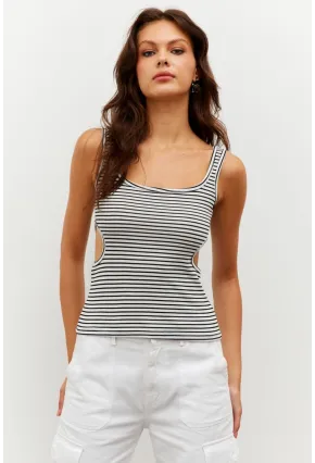 Kadın Beyaz Beli Pencereli Çizgili Kısa Bluz PP7364