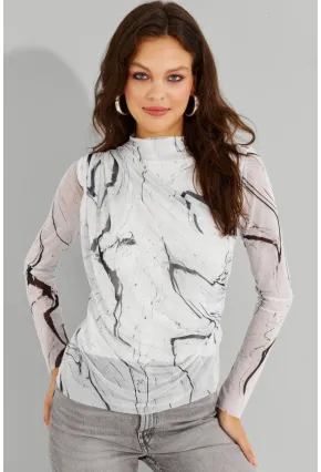 Kadın Beyaz Büzgülü Astarlı Tül Bluz LPP1231