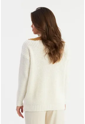 Kadın Beyaz-Camel V Yaka Triko Kazak SMT2434