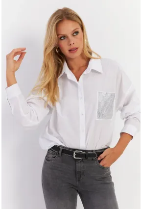 Kadın Beyaz Cepli Taşlı Gömlek MZER414