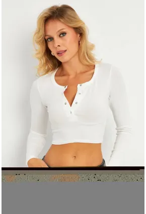 Kadın Beyaz Çıtçıtlı Crop Bluz CG379