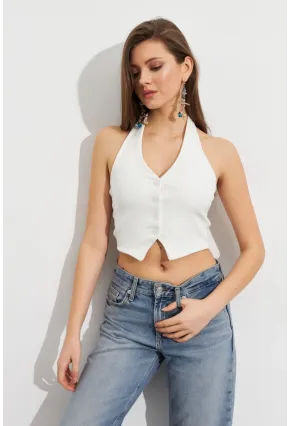 Kadın Beyaz Crop Bluz SE18