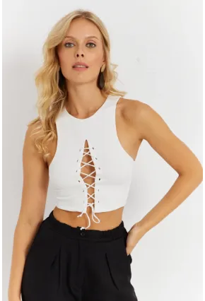 Kadın Beyaz Detaylı Crop Bluz AYD375