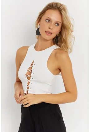 Kadın Beyaz Detaylı Crop Bluz AYD375