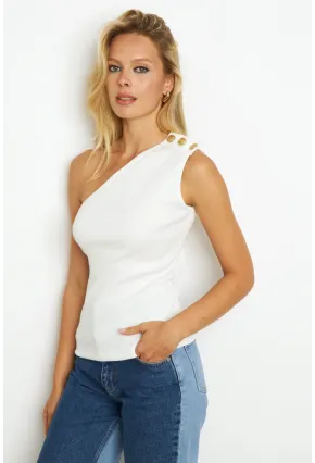 Kadın Beyaz Düğme Detaylı Kaşkorse Bluz EY2711