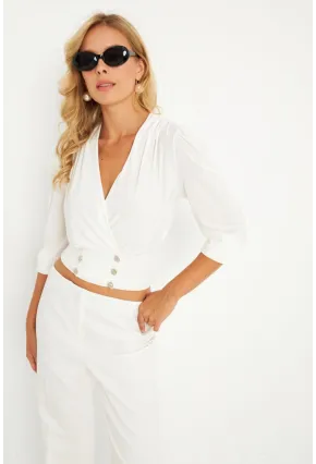Kadın Beyaz Düğme Detaylı Kruvaze Bluz ELT3188