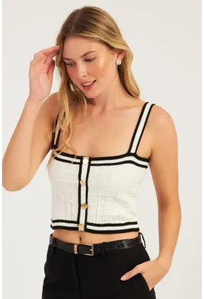 Kadın Beyaz Düğme Detaylı Triko Crop Bluz MSS134