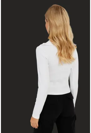 Kadın Beyaz Fermuarlı Kısa Bluz CY336