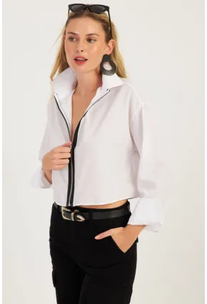 Kadın Beyaz Fermuarlı Kısa Gömlek SF2541