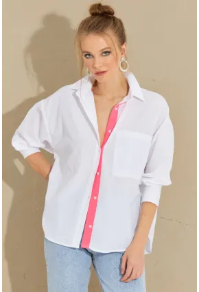 Kadın Beyaz-Fuşya Sırtı Düğmeli Gömlek ROT274