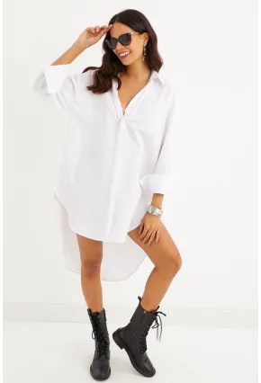Kadın Beyaz Gizli Düğmeli Tunik Gömlek Elbise SF1292