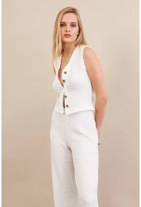 Kadın Beyaz Gofre Yelek Pantalon Takım FLU330
